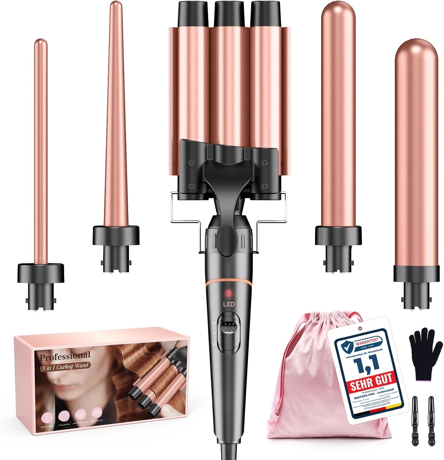 BESTOPE PRO Lockenstab Set 5‑in‑1 mit 3 Keramikfässern und Handschuh 🎀