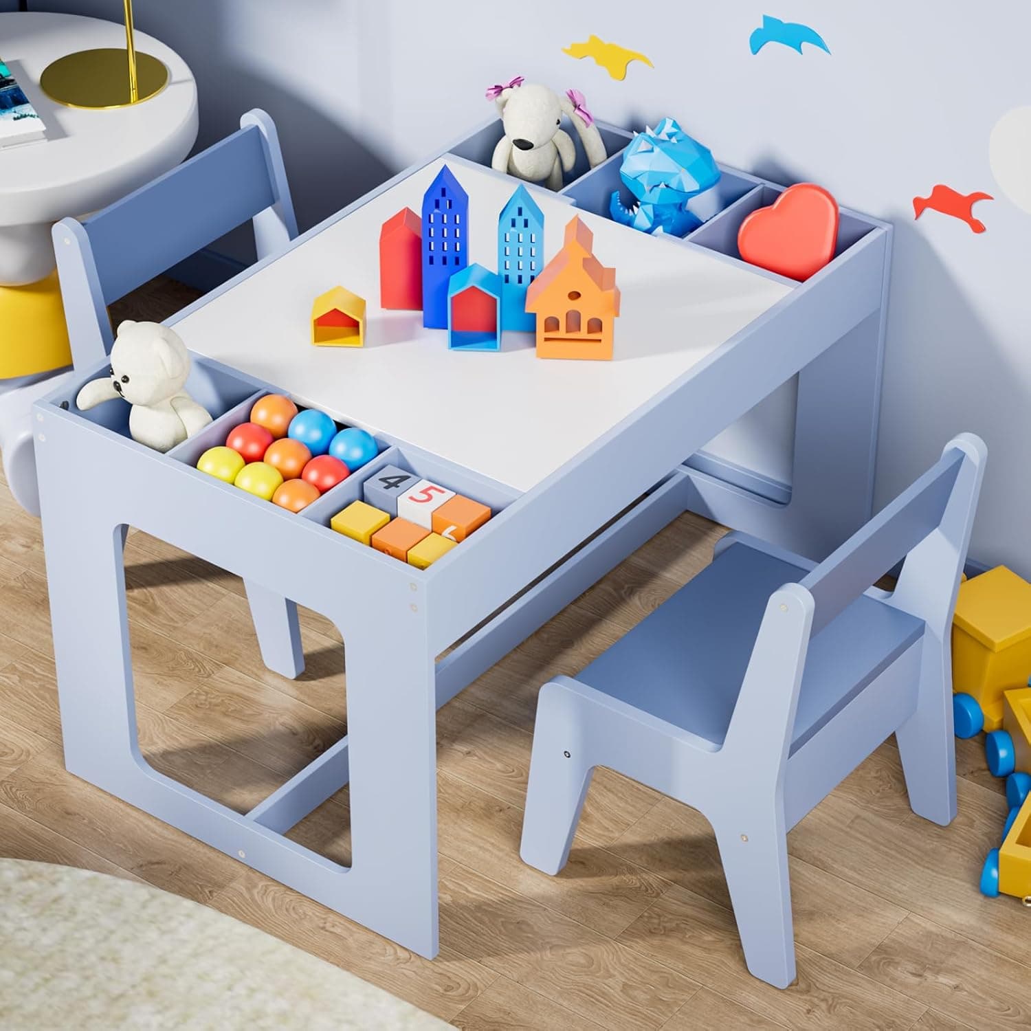 Clevich Kindersitzgruppe mit Stauraum, Kindertisch mit 2 Stühlen, Kinder Tisch Stuhl Set mit wendbarer Tischplatte, Packung mit 2 Stühlen, Kinderschreibtisch für Kindertagesstätte, ab 3 Jahren, BlauClevich Kindersitzgruppe mit Stauraum, Kindertisch…