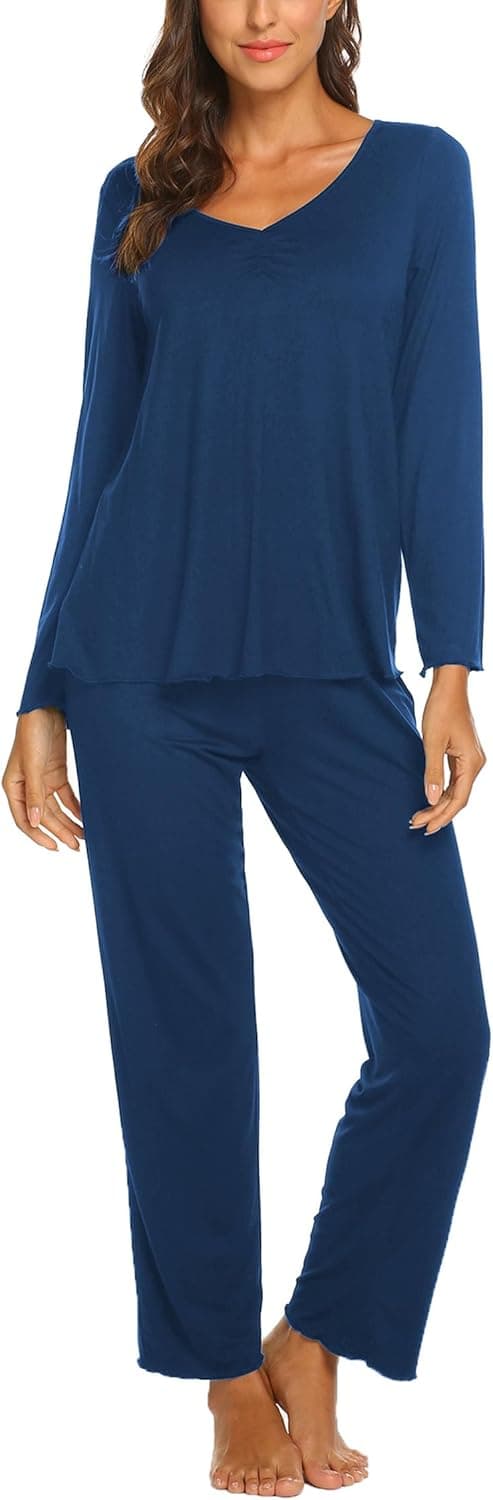 Ekouaer Damen Schlafanzug Lang Pyjama Set Kuschelig Nachtwäsche ⌚