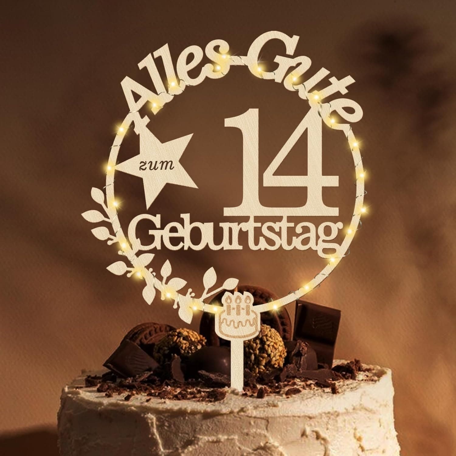 Giftota Cake Topper 14. Geburtstag Holz mit LED 🎂