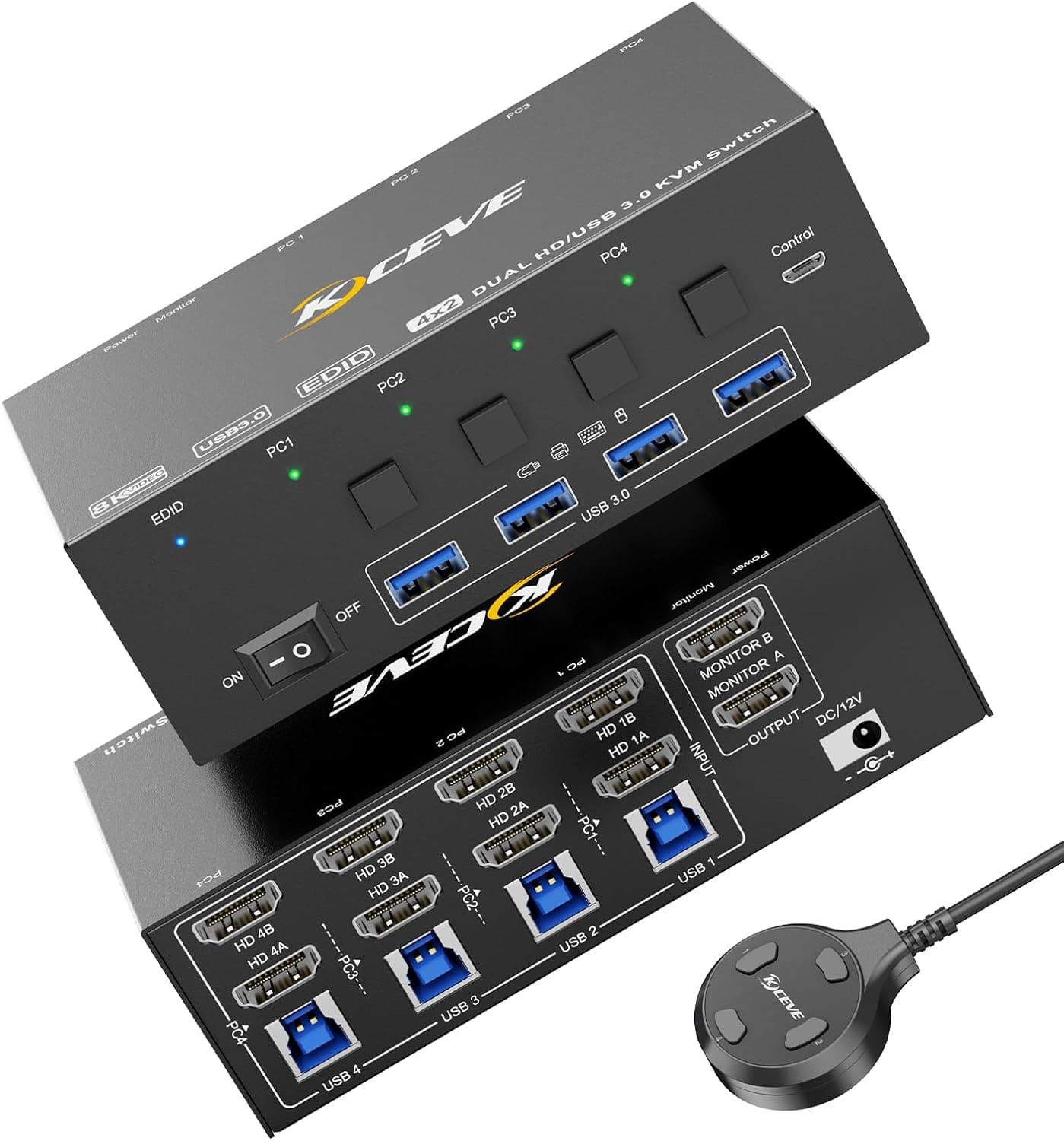 KCEVE KVM-Switch für 4 PCs, 2 Monitore ⌚