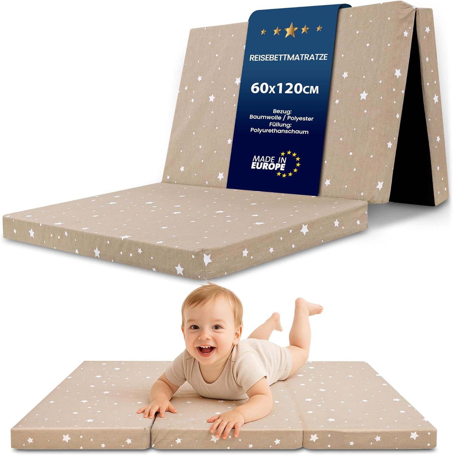 Klappmatratze Faltbare Reisebett Baby Matratze 60x120cm - Faltmatratze für Kinder Gästematratze klappbar Babymatratze Bodenmatratze Schlafmatratze und Reisematratze 60 x 120 cm Beige mit Weiß Sternen
Klappmatratze Faltbare Reisebett Baby Matratze 6…