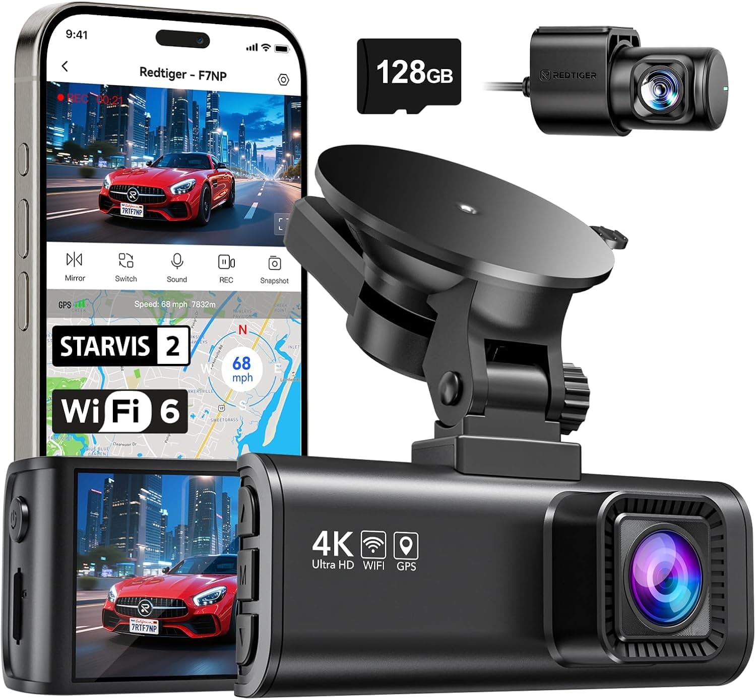 REDTIGER Dashcam Front-/Rear 4K/2,5K mit STARVIS 2 256 GB Max 📷