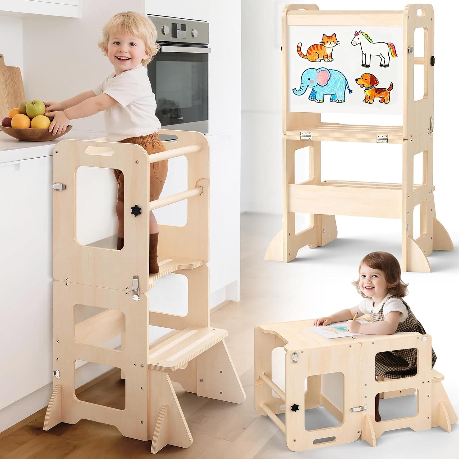 Woodure Montessori Lernturm 4-in-1 mit Kreidetafel ⌚
