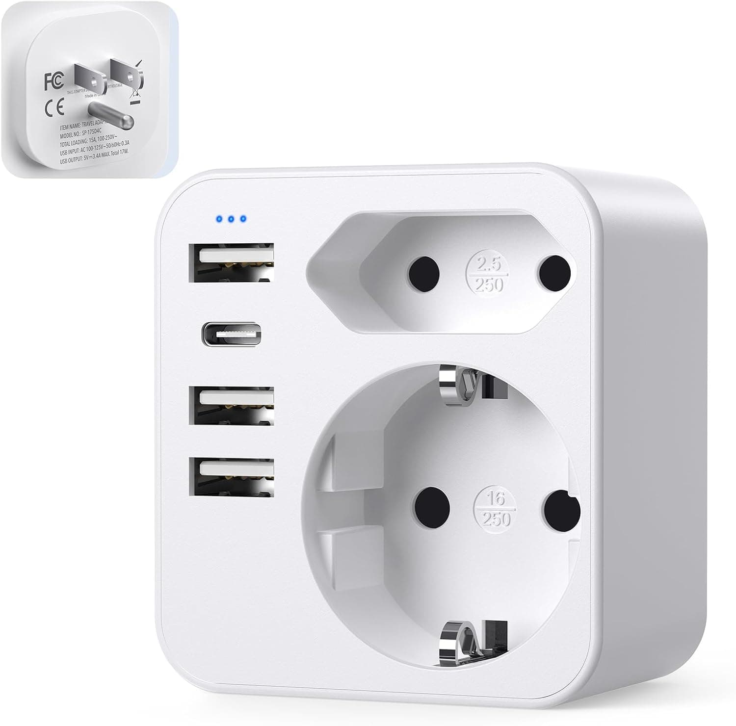 Adaptateur prise France vers USA 6-en-1, 3 USB 1 Type‑C 3,4A 🔌