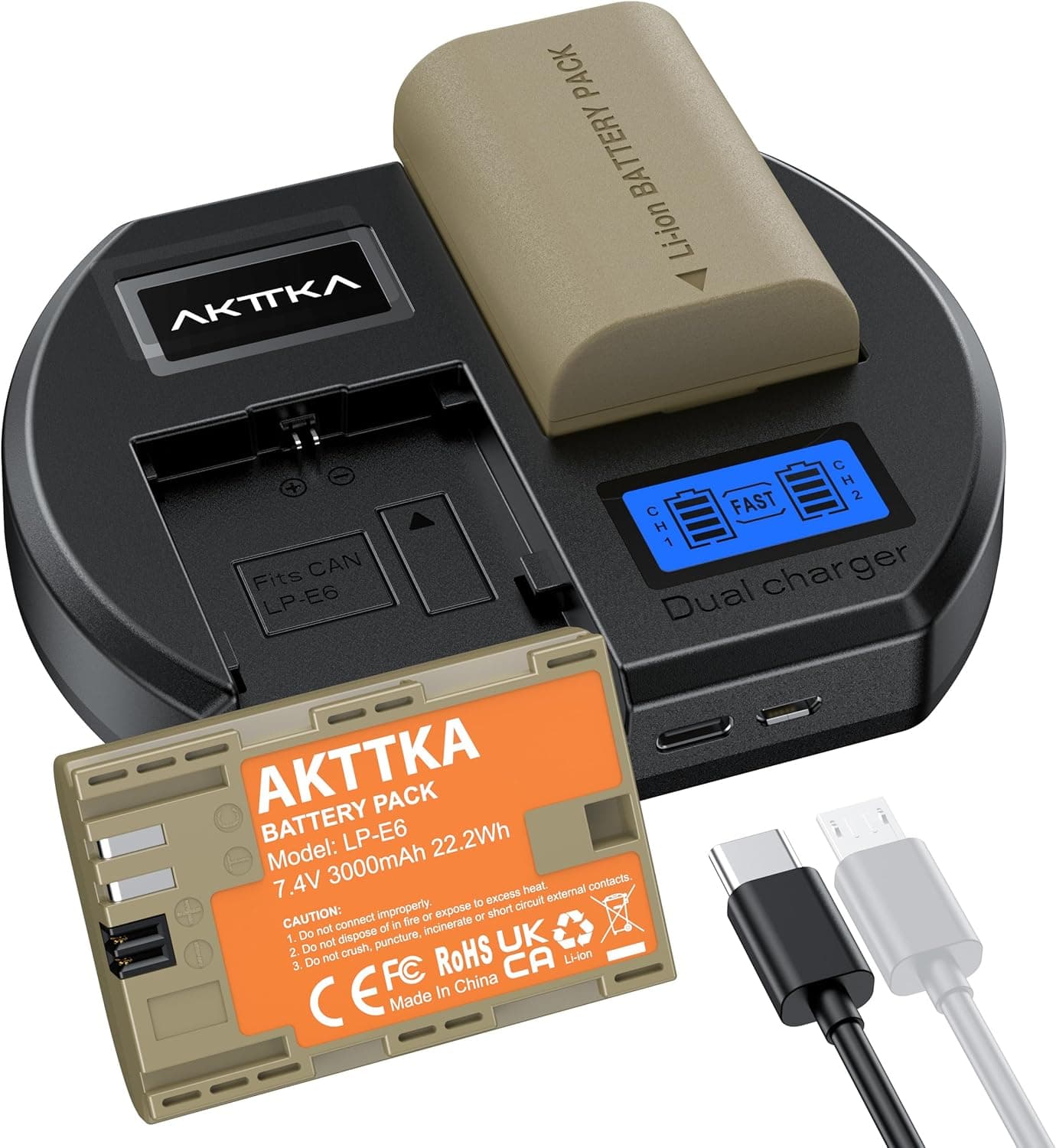 AKTTKA LP-E6/LP-E6N Batterie 3000 mAh + chargeur 18W pour Canon 📷
