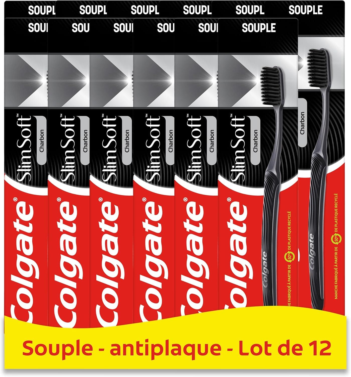 COLGATE Slim Soft Brosse à dents manuelle Charbon lot de 12 🪥