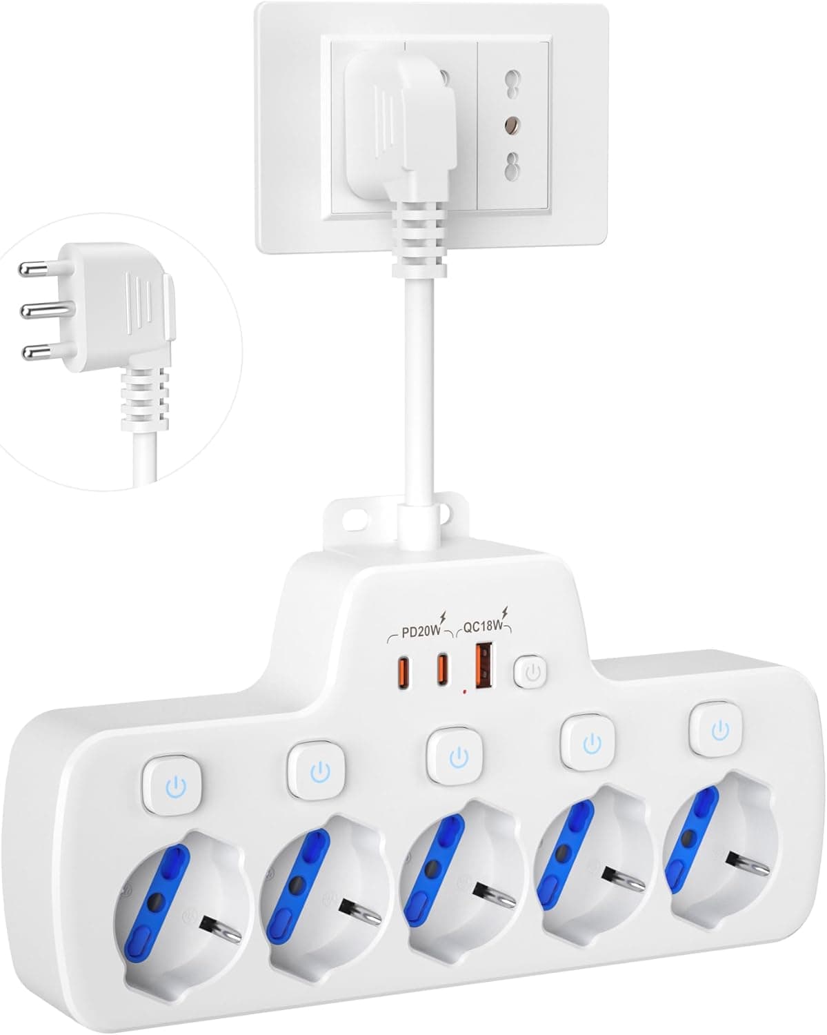 Ciabatta multipresa 5 posti con interruttori e cavo 0,1 m 🔌