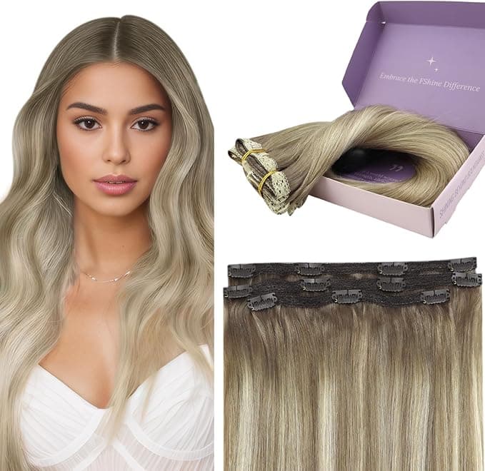 Fshine Extensiones Clip Pelo Natural 12" Castaño Claro a Rubio Claro 💇‍♀️