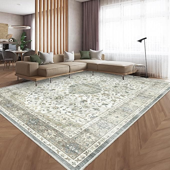 HOMFINE Alfombra Vintage Lavable 120x170cm Beige-Verde 🏡