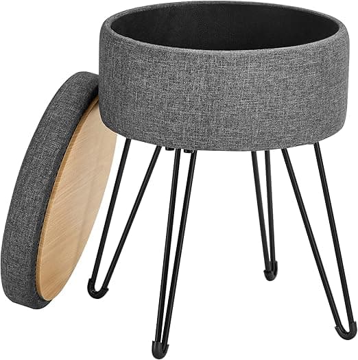 SONGMICS Puff Almacenaje Redondo, Taburete Acolchado Gris 🪑