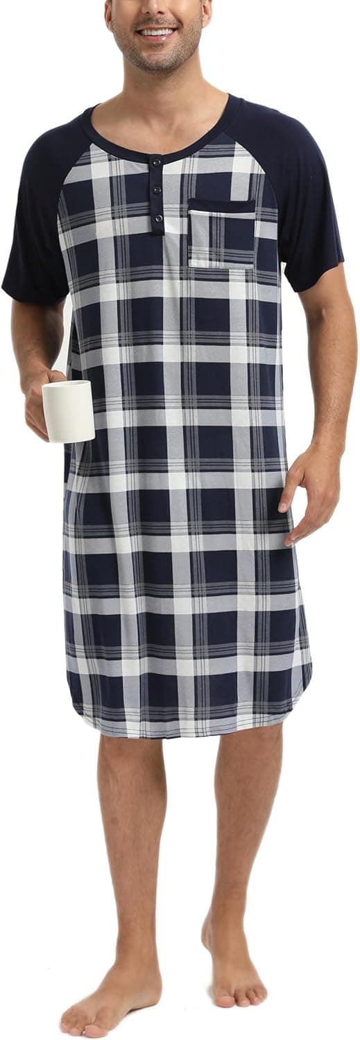 Enjoyoself Men’s Cotton Short Sleeve Pyjama Tops Long Nightshirts 👕