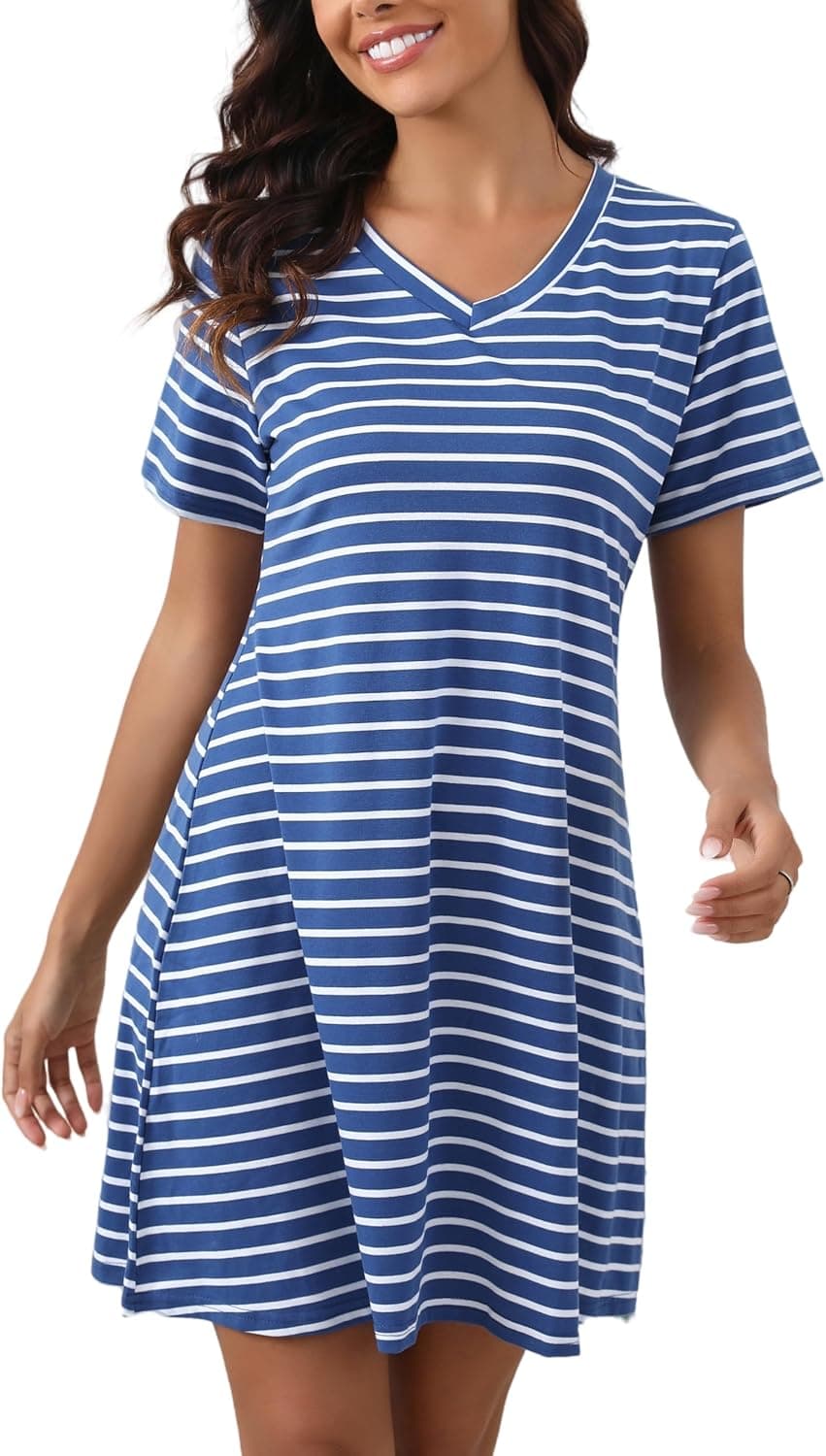 Enjyam Women Cotton V‑Neck Striped Nightdress for Summer 💤