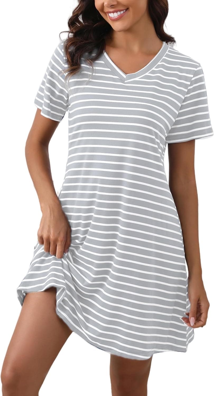 Enjyam Women Cotton V‑Neck Striped Nightshirt — Short Sleeve 👗