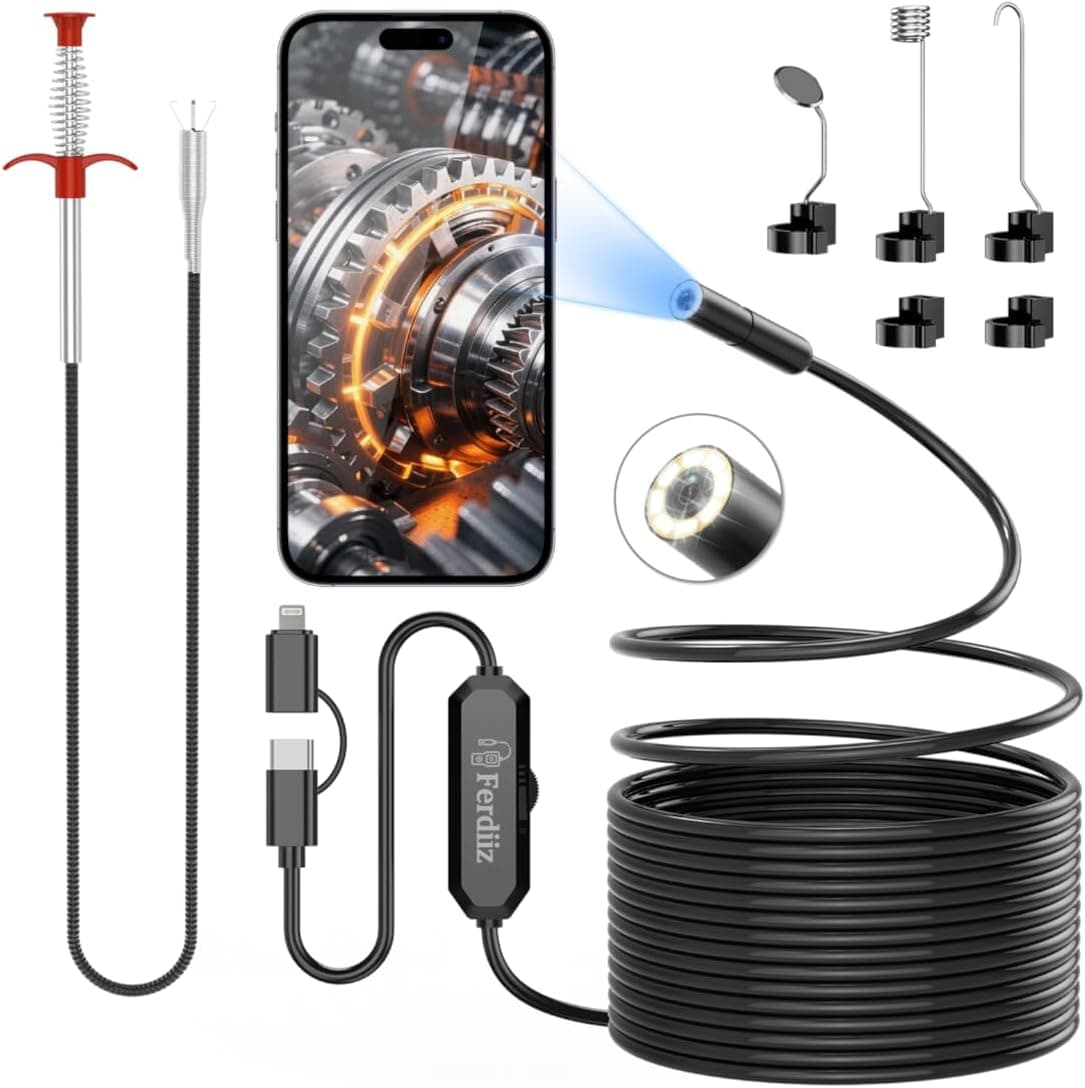 Ferdiiz Endoscope Inspection Camera with Lights, 1920P HD Inspection Camera, IP67 Borescope 16.5ft Flexible Cable, with 160cm Retractable Pipe Cleaner Claw Grabber, Hair Clog Remover, iOS9+ Android 6+
Ferdiiz Endoscope Inspection Camera with Li…