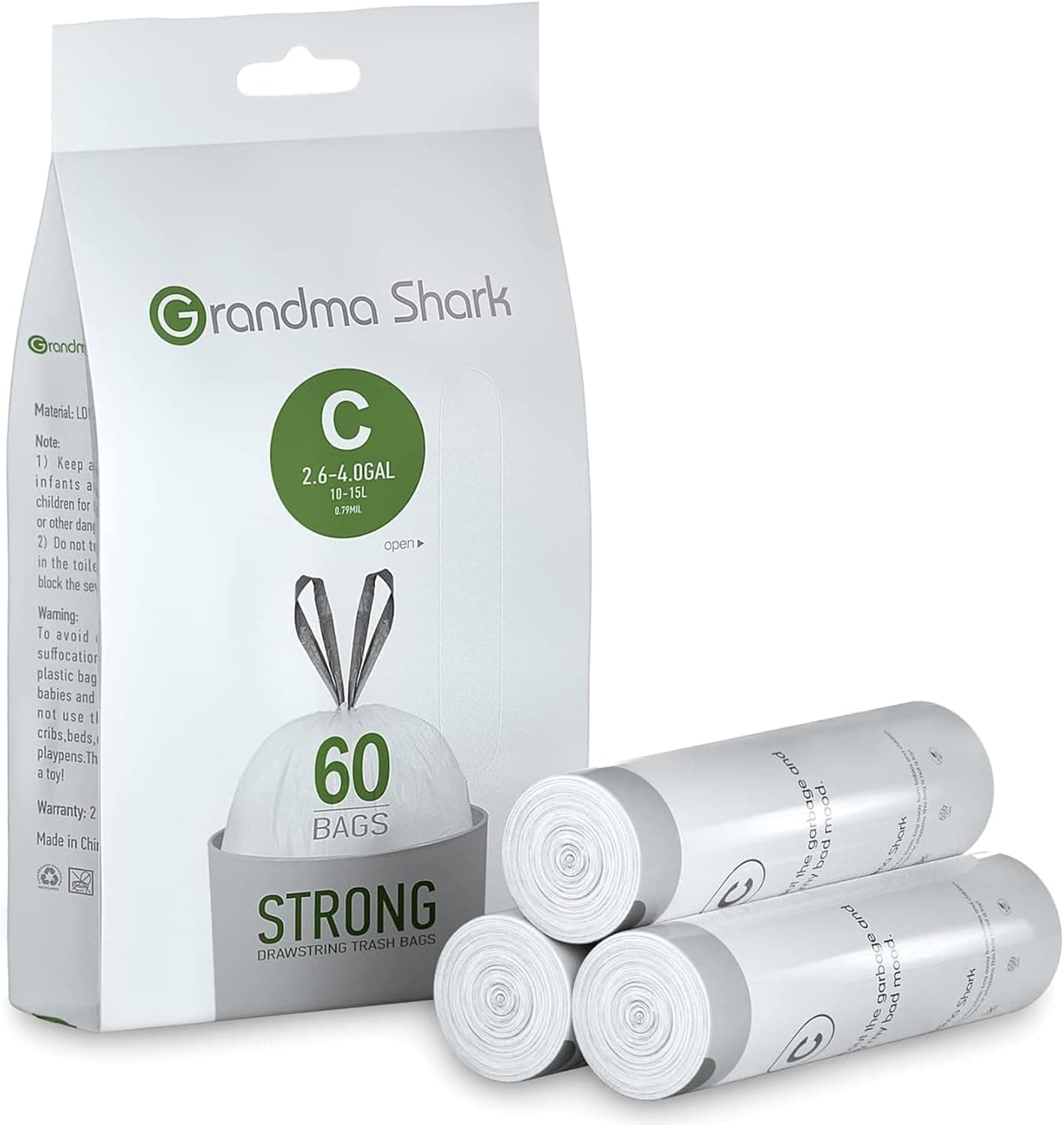 GRANDMA SHARK 10L–15L drawstring bin bags 60 pack 🗑️