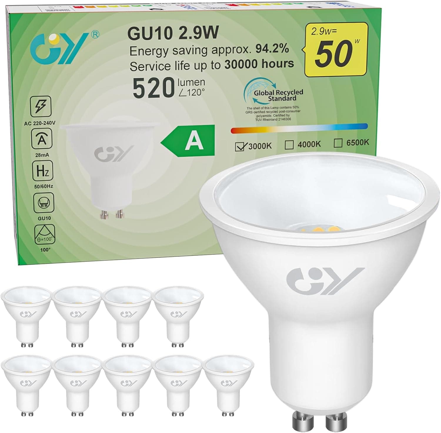 GY GU10 2.9W LED bulb 3000K 520 lm pack of 10 💡