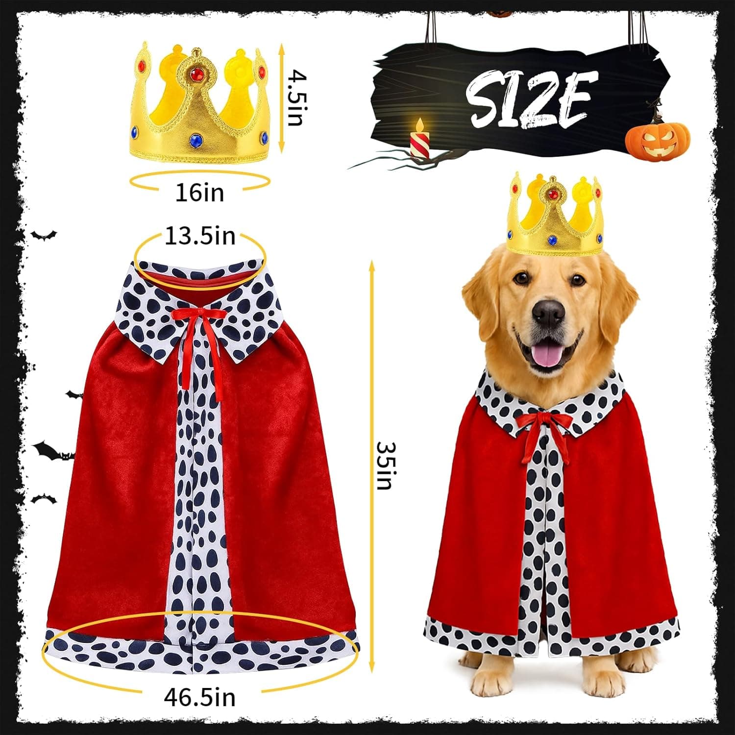 Large Dog King Costume Red Cape & Crown 🎭