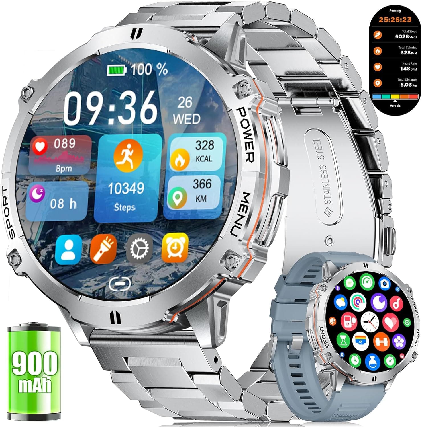 LIGE Smartwatch 900mAh battery, 1.73" AMOLED ⌚