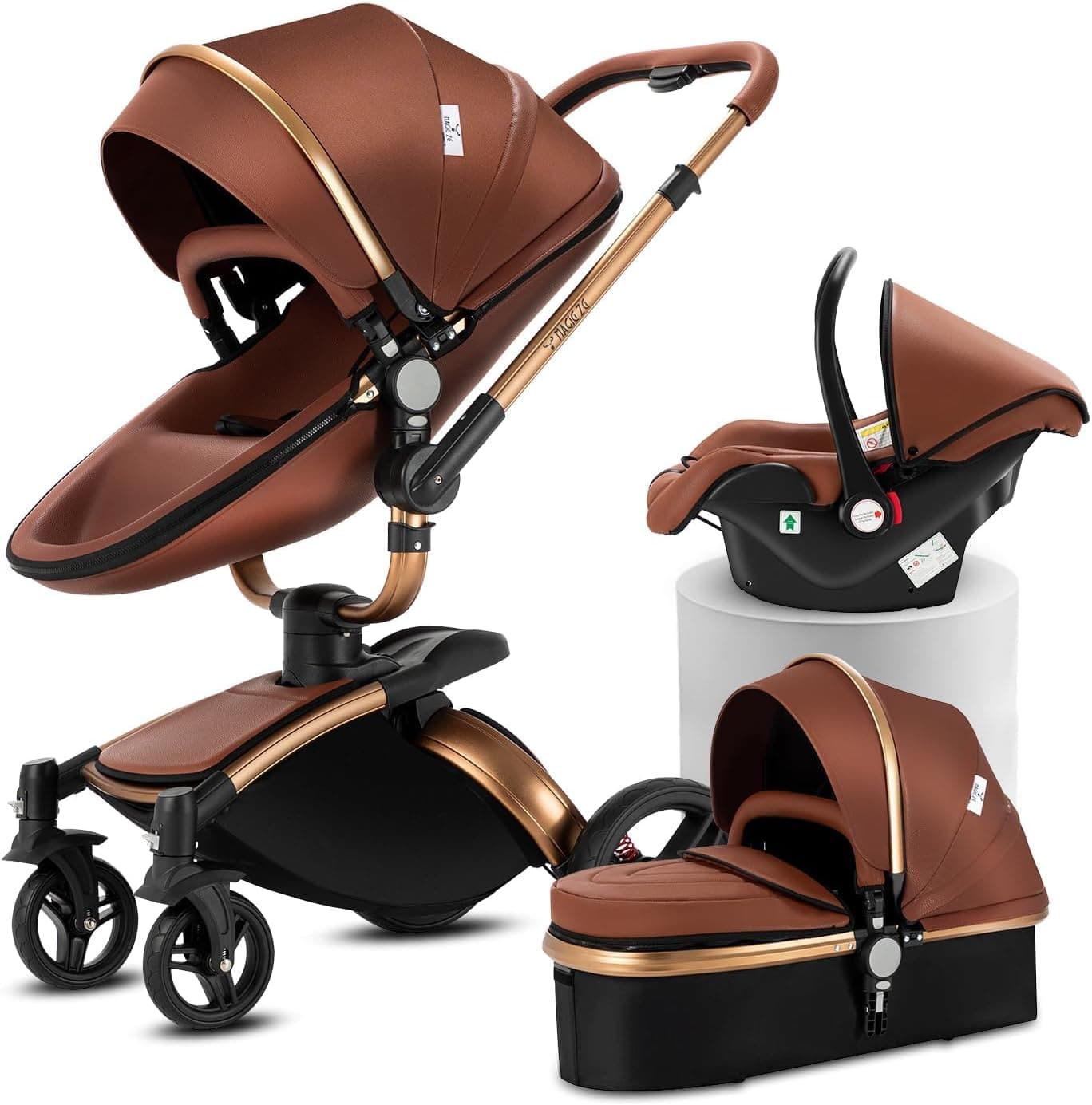 Magic ZC PU Leather 3 in 1 Pushchair Pram Travel System 906 Brown-1 🚼