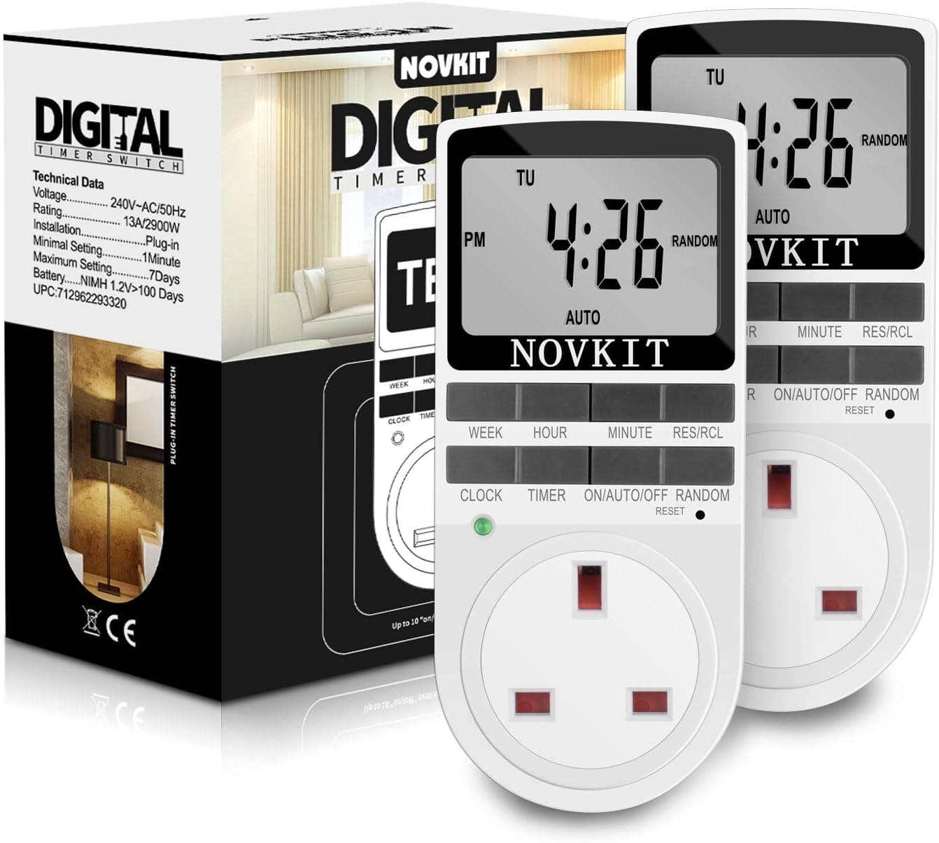NOVKIT Digital Security Timer Plug 2-pack, 13A ⏲️