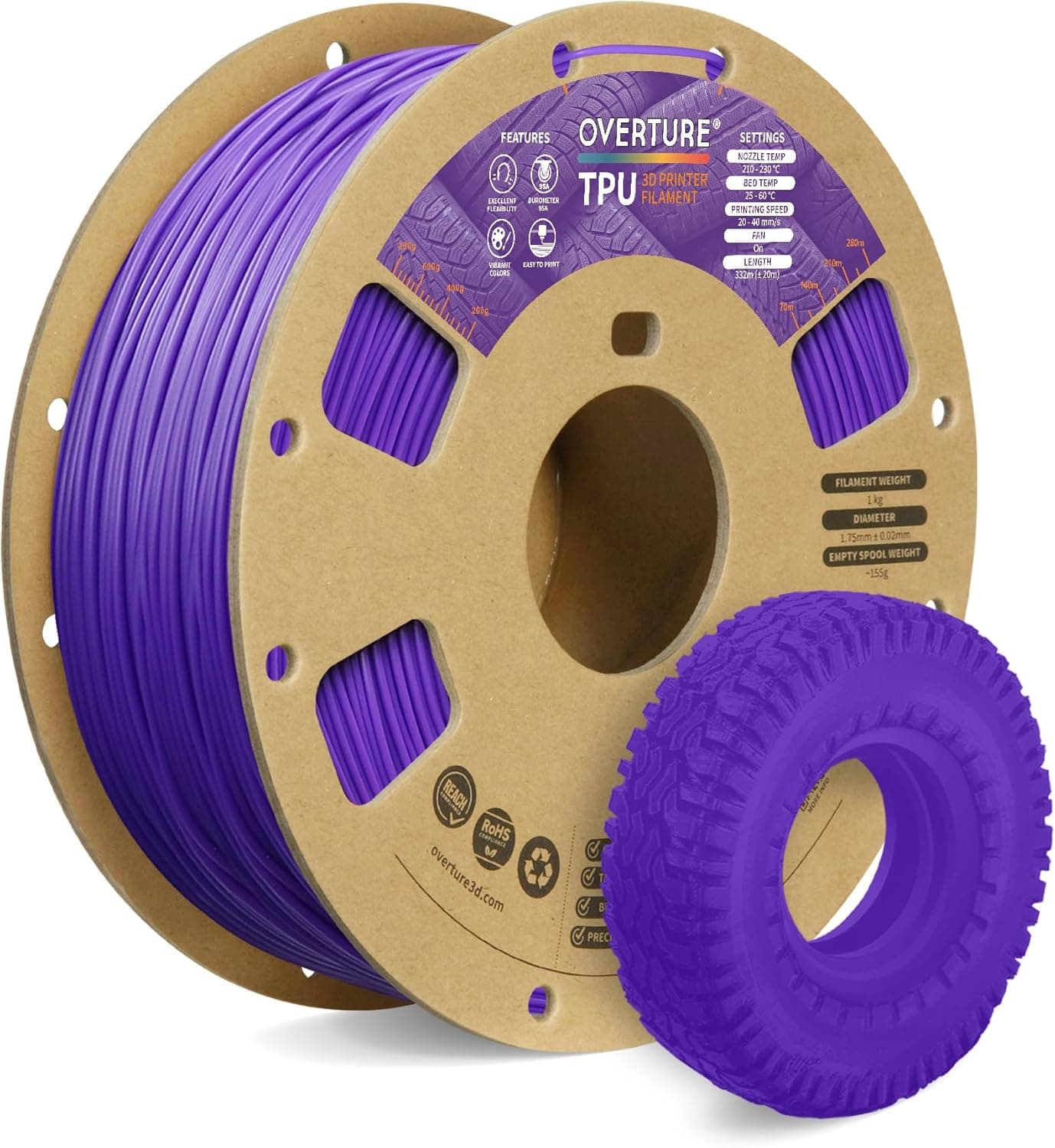 Overture TPU Filament 1.75mm 95A Purple 1kg spool 📦