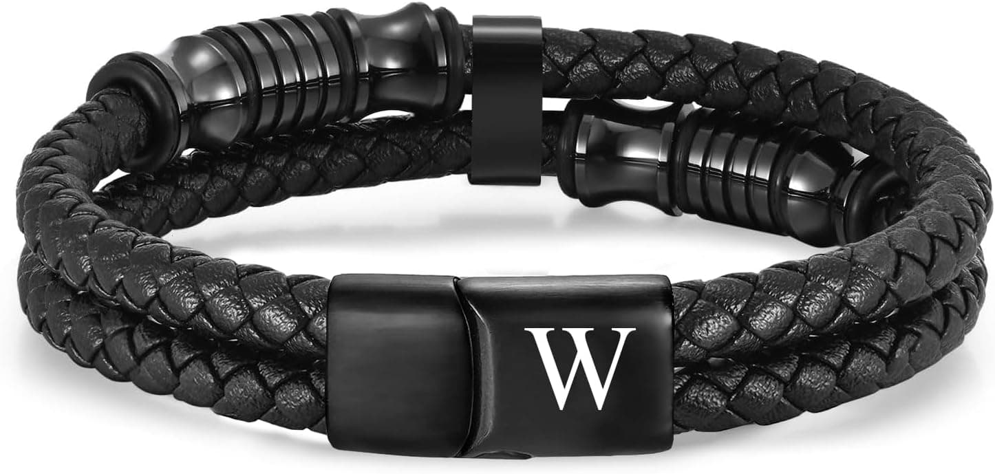 TOLOWOBK Engraved A–Z Leather Bracelet for Men 🎁