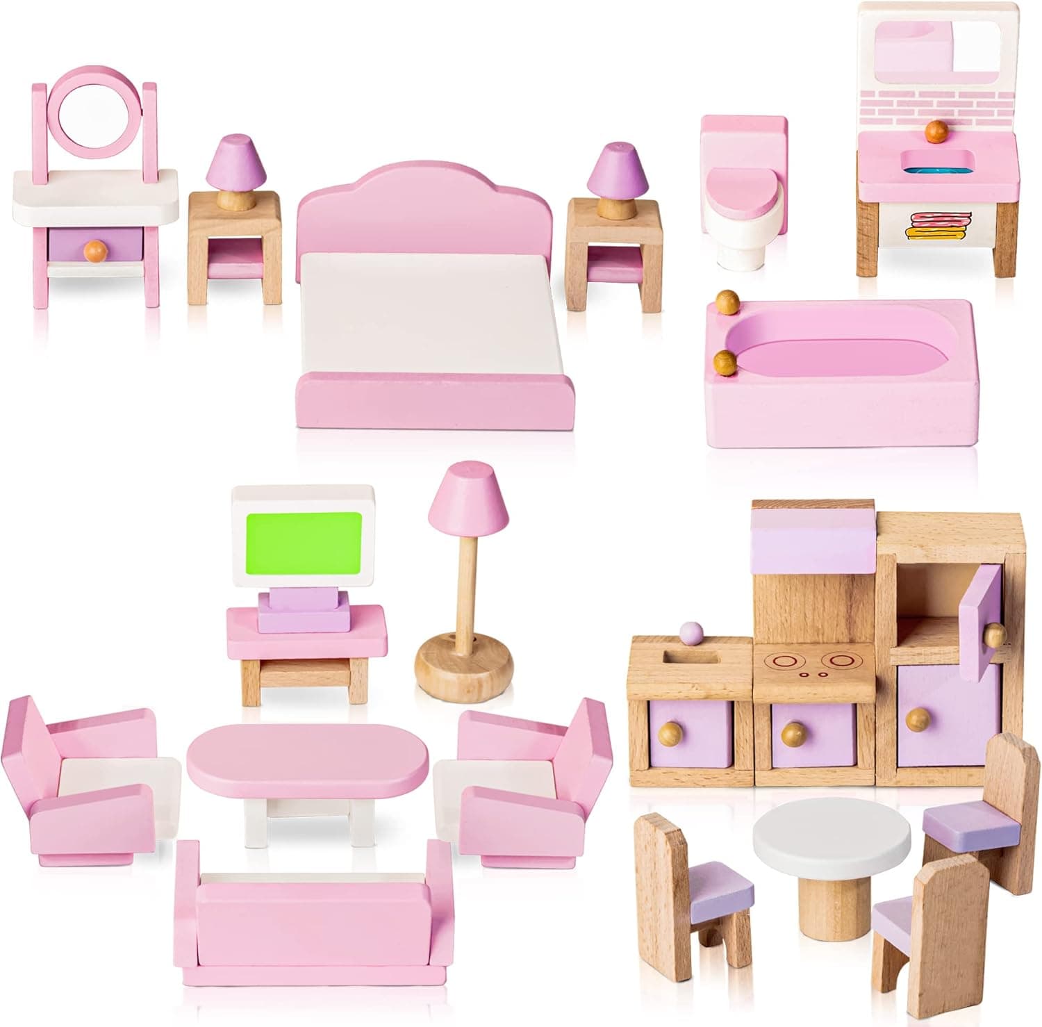 Wooden Dollhouse Furniture Set 22-piece for 5 rooms 🧸