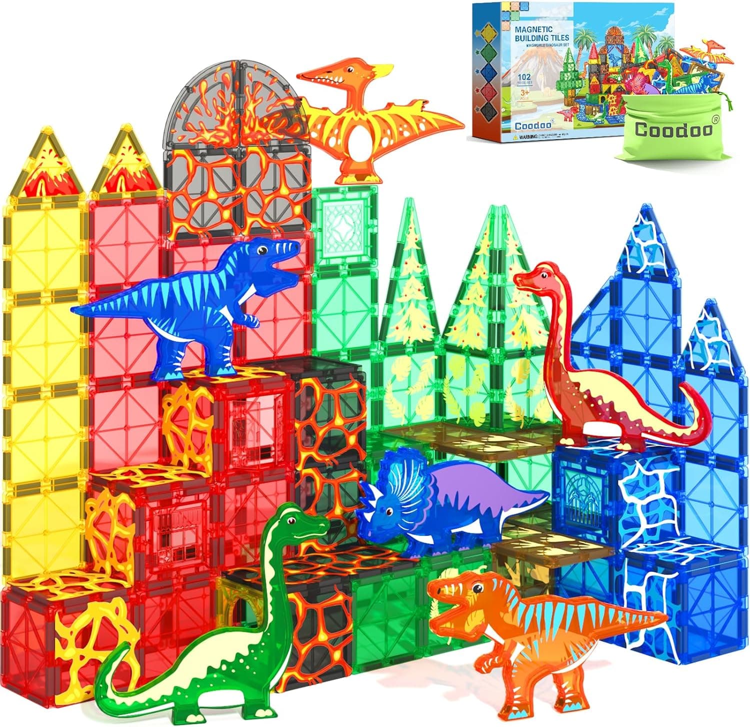 102PCS Dinosaur Magnetic Tiles Set with 8 Dinosaurs 🧩