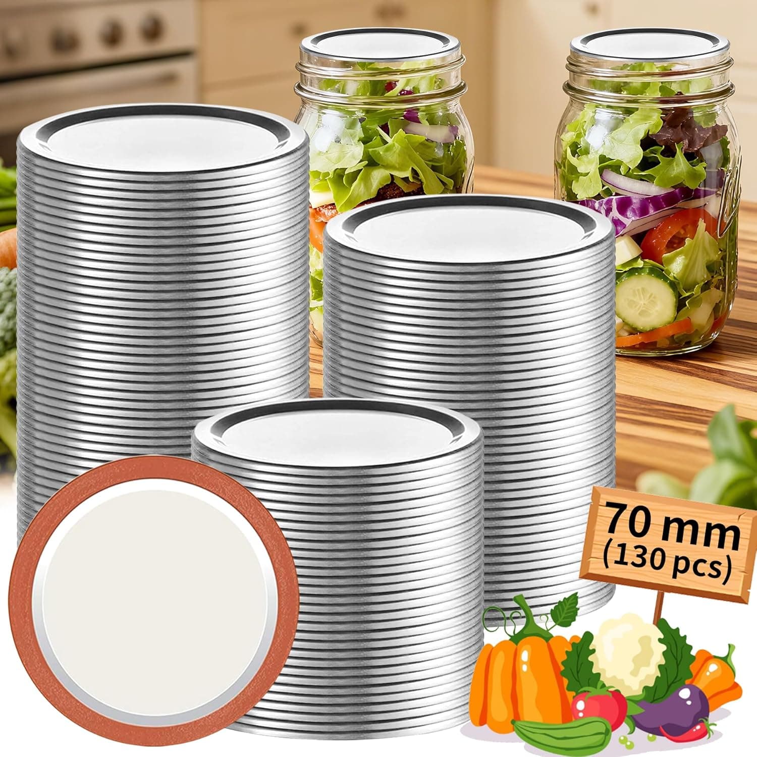 Aliggbent 70mm Regular Mouth Canning Lids 130 pcs 🫙