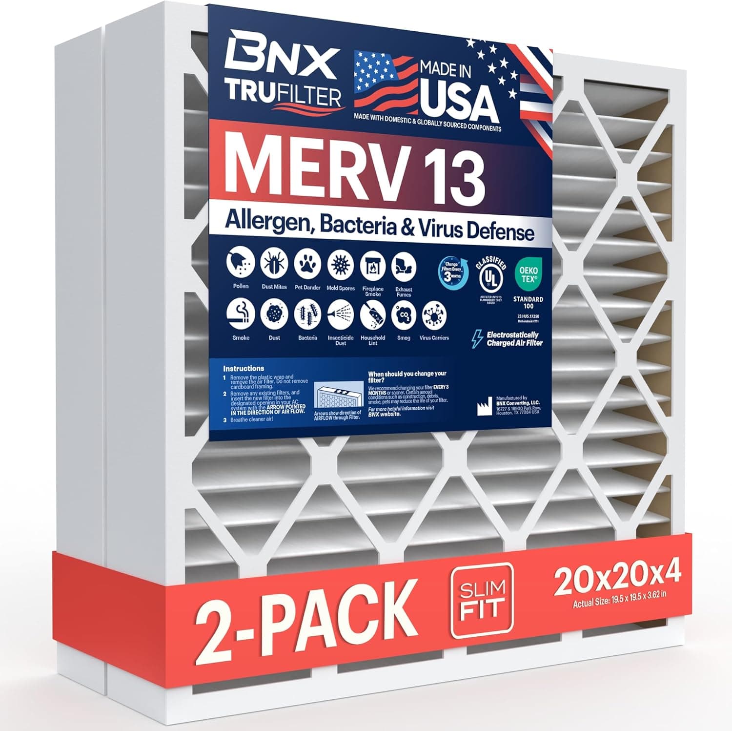 BNX MERV 13 Electrostatic Pleated Air Filter 20x20x4 📦