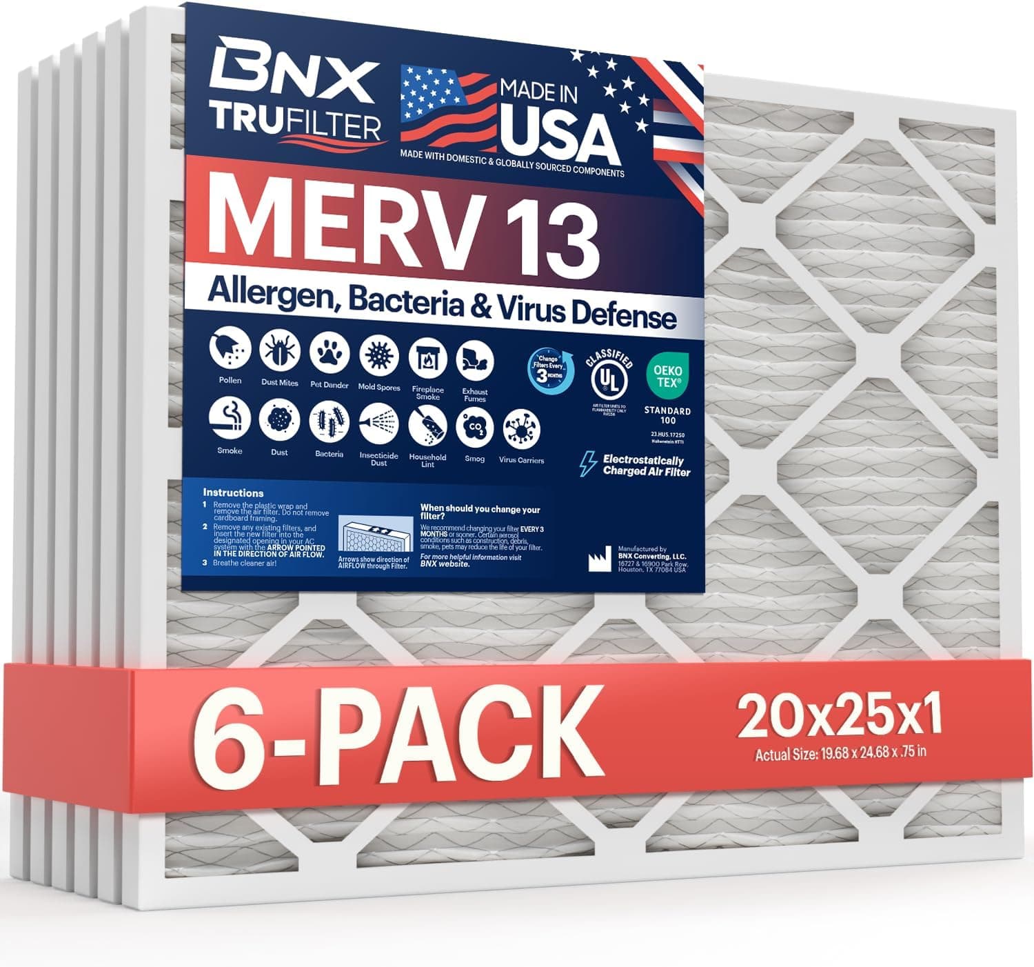 BNX MERV 13 Pleated Air Filter 20 x 25 x 1 📦