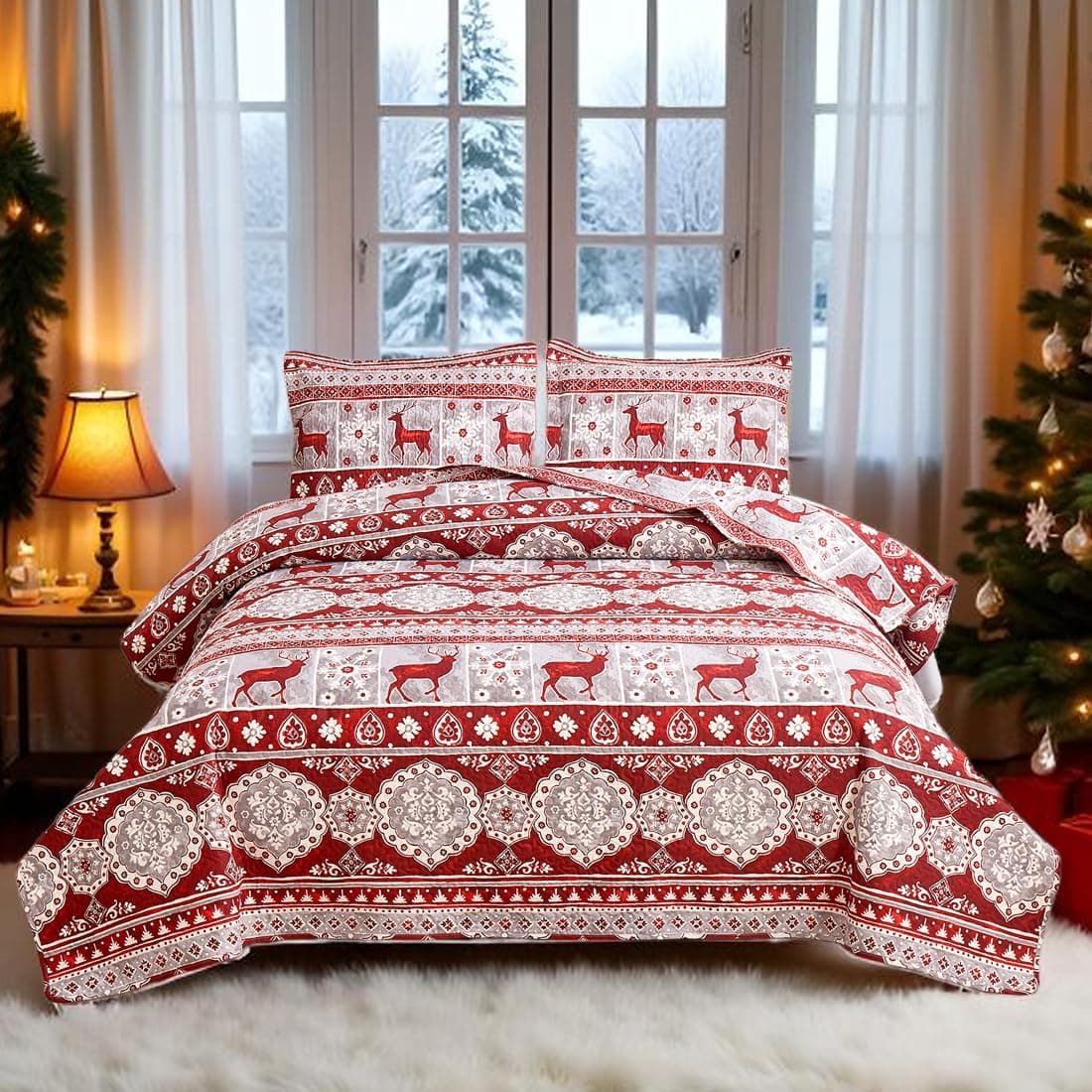 Christmas Reindeer Bedding Quilt Set Full/Queen 3 pcs 🛏️