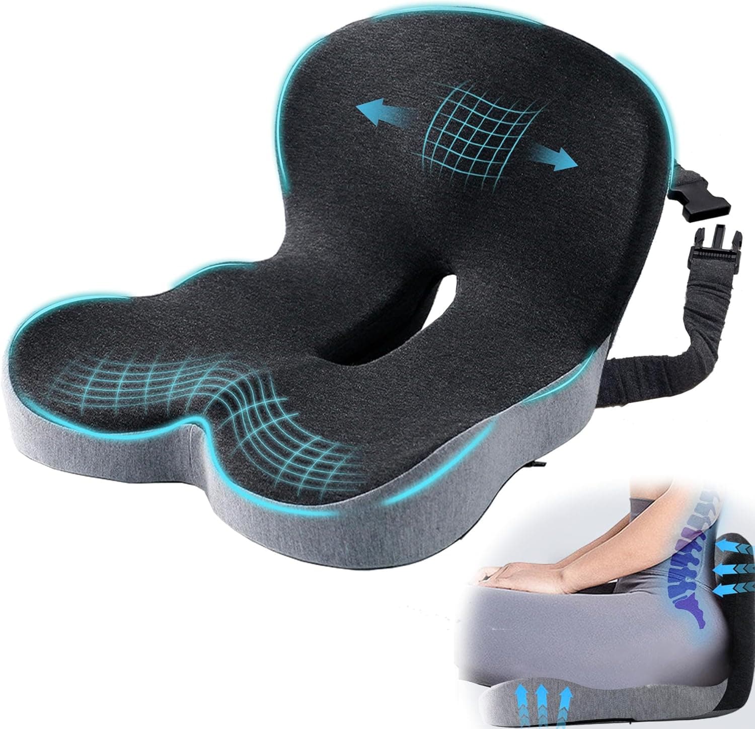 Ergonomic Seat Cushion Memory Foam 1 Adjustable Strap 🪑
