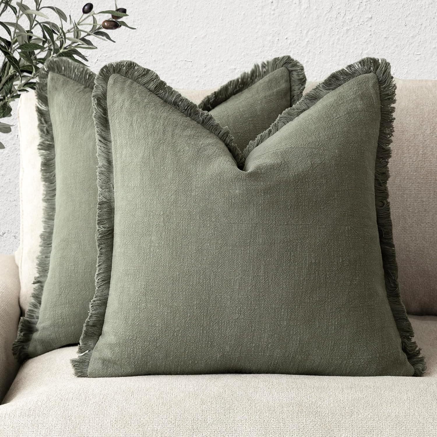 Foindtower 18x18 Linen Fringe Pillow Covers Olive Green 🛋️