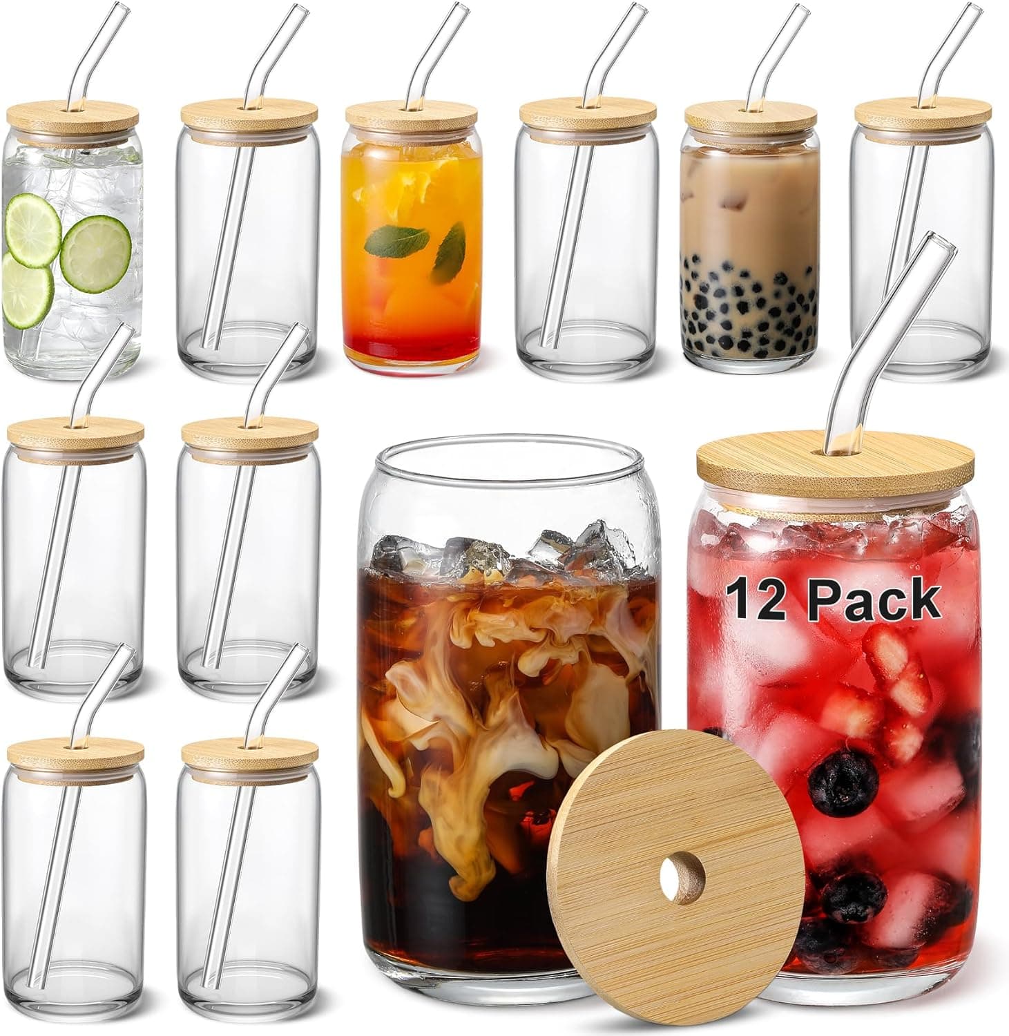 Glass Cups with Bamboo Lids 16 oz set of 12 🥤