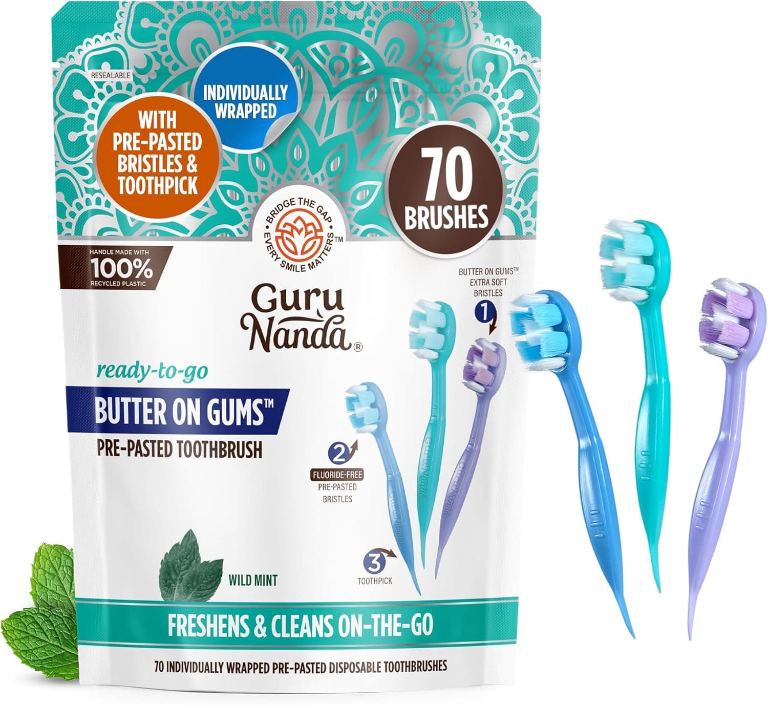 GuruNanda Ready-to-Go Disposable Mini Travel Toothbrushes 70 ct 🪥