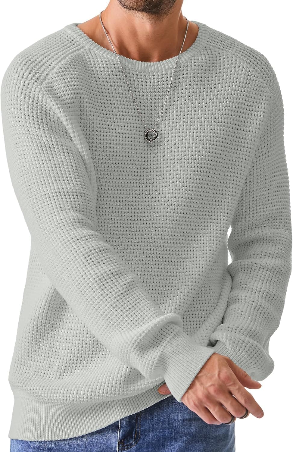 JMIERR Men's Crewneck Waffle Sweater Casual Loose Fit 🧥