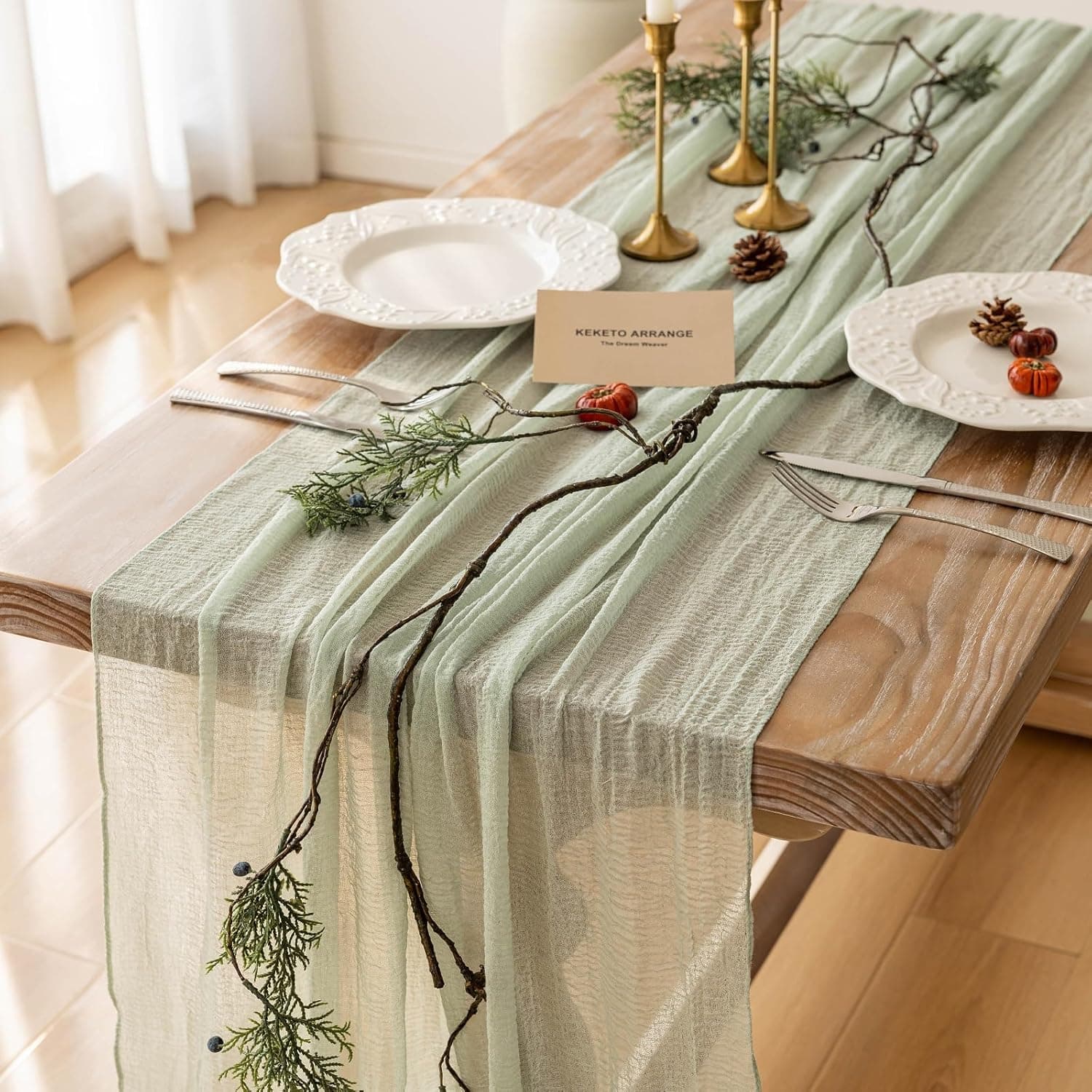 Keketoarrange Sage Green Cheesecloth Table Runner 120 in 🎀