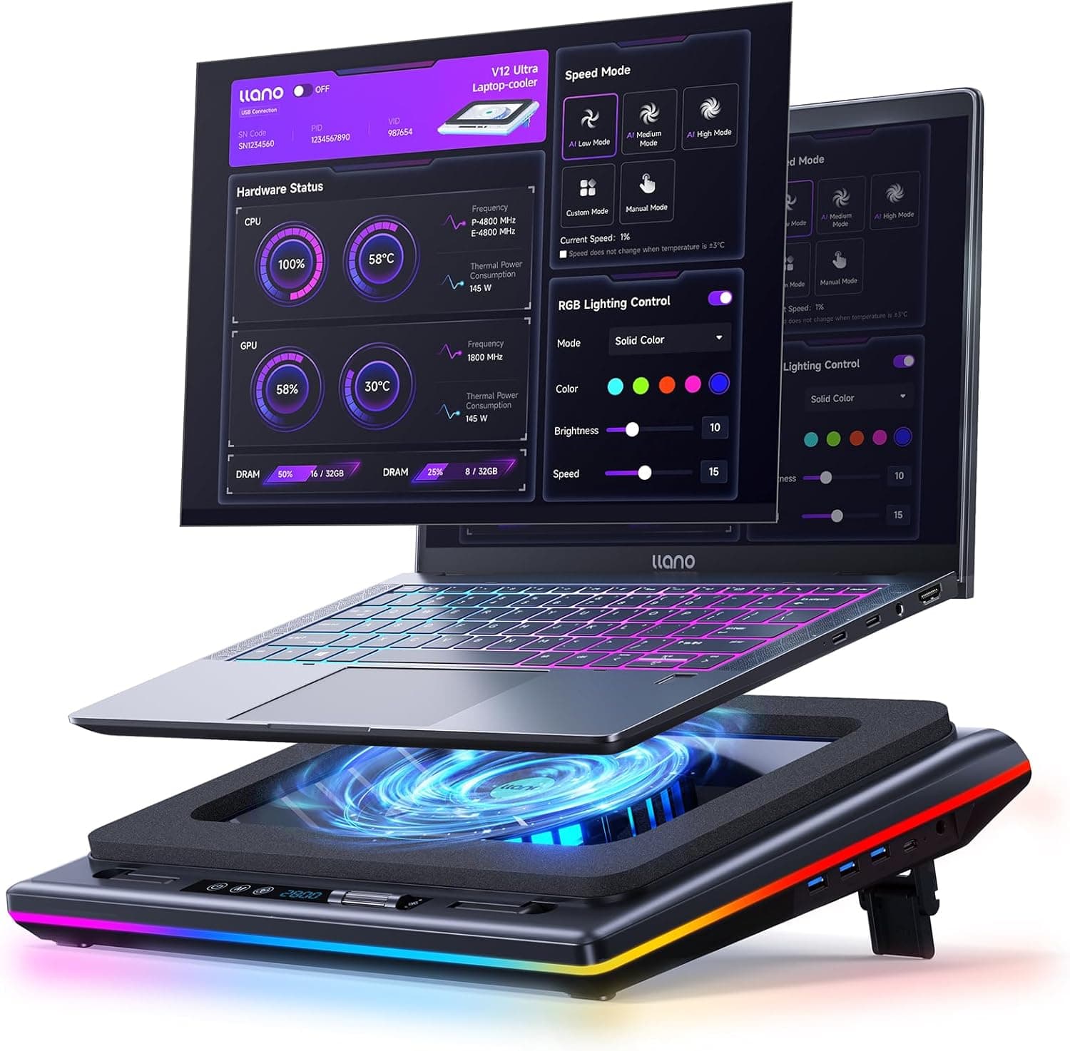 llano V12 Ultra Laptop Cooling Pad 5.5" with RGB 📱