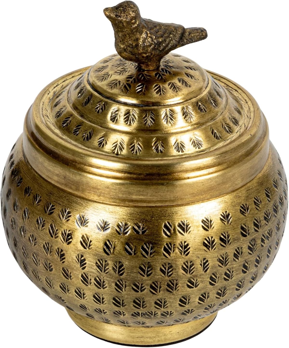 Round Hammered Metal Container Bird Finial Brass Finish 🏺