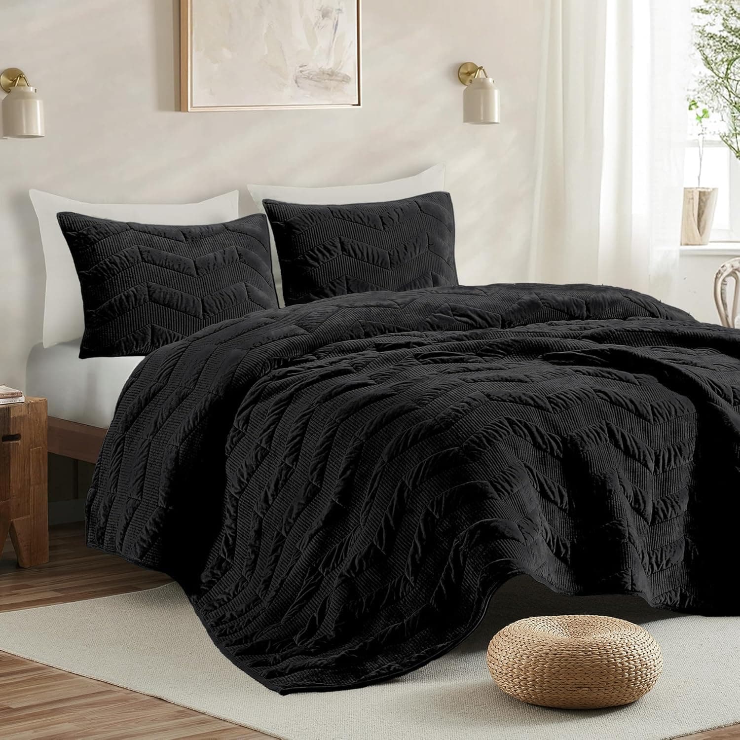 SHALALA Velvet Quilt Set Queen Size with Ultra Soft Comforter Black 🛏️