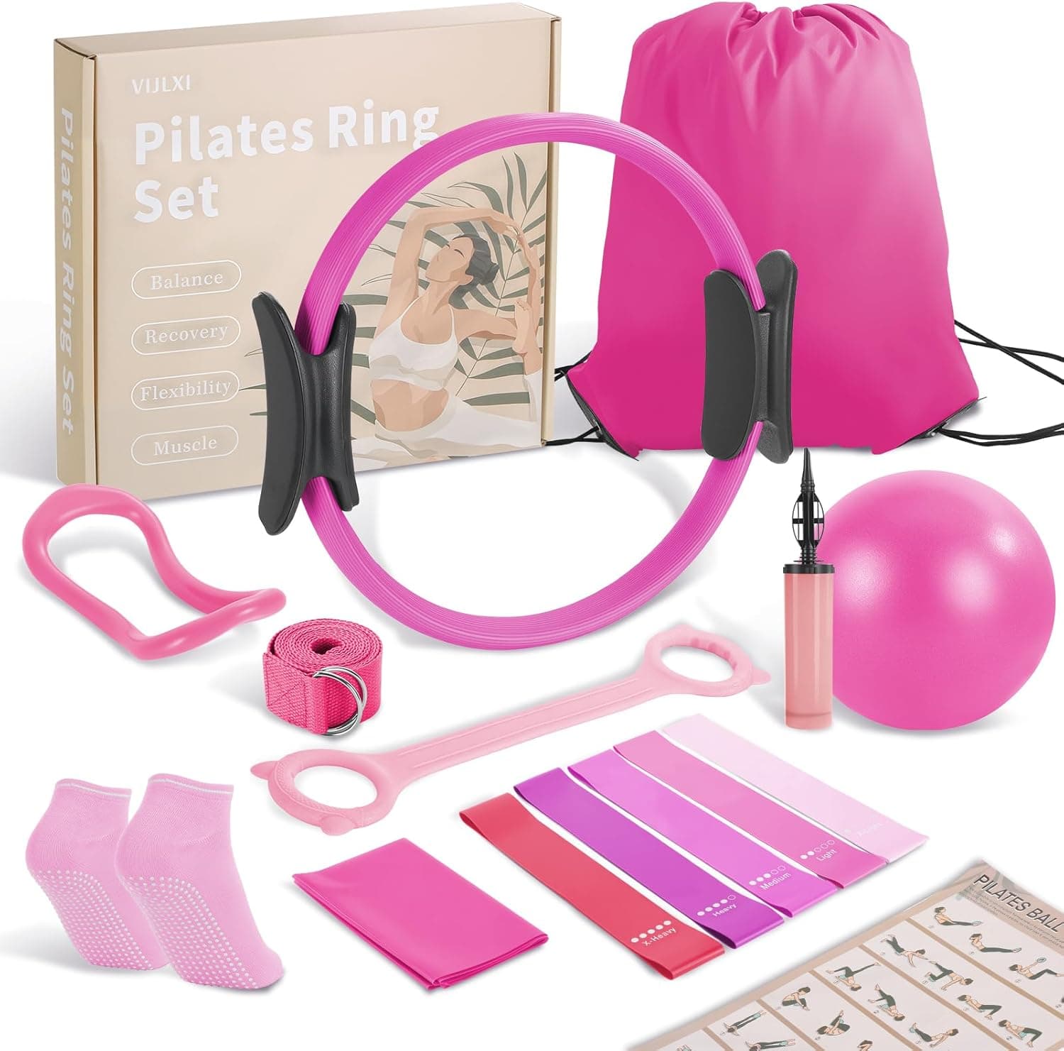 VIJLXI Pilates Essentials Kit for Women with Ring & Ball 5-Band Set 📿