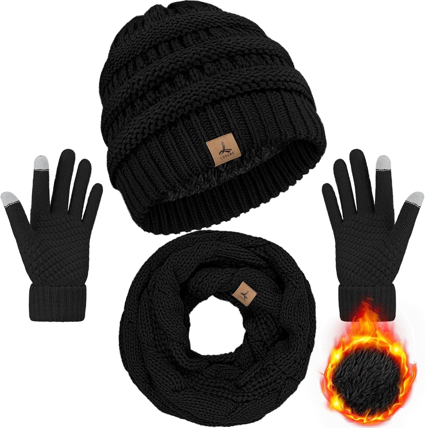 Winter Beanie Hat Scarf Gloves Set, Touchscreen Pack 🧣