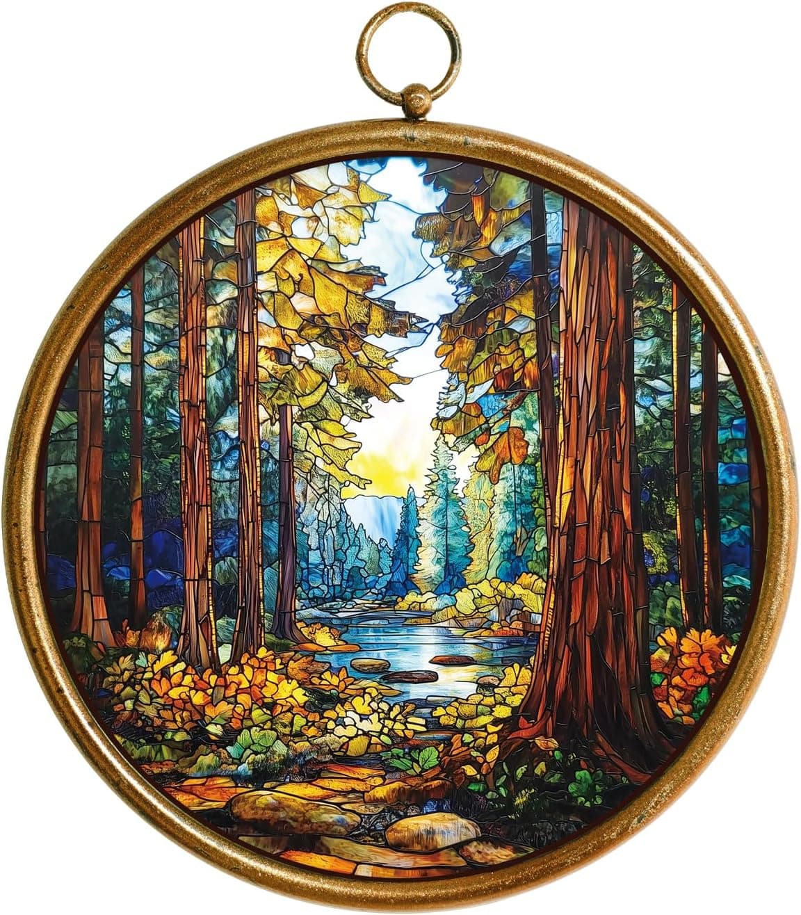 XIAOAIKA Vintage Round Wall Hanging with Gold Frame: Tranquil Forest Panel 🌟