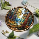 Thumbnail 4 de XIAOAIKA Vintage Round Wall Hanging with Gold Frame: Tranquil Forest Panel 🌟