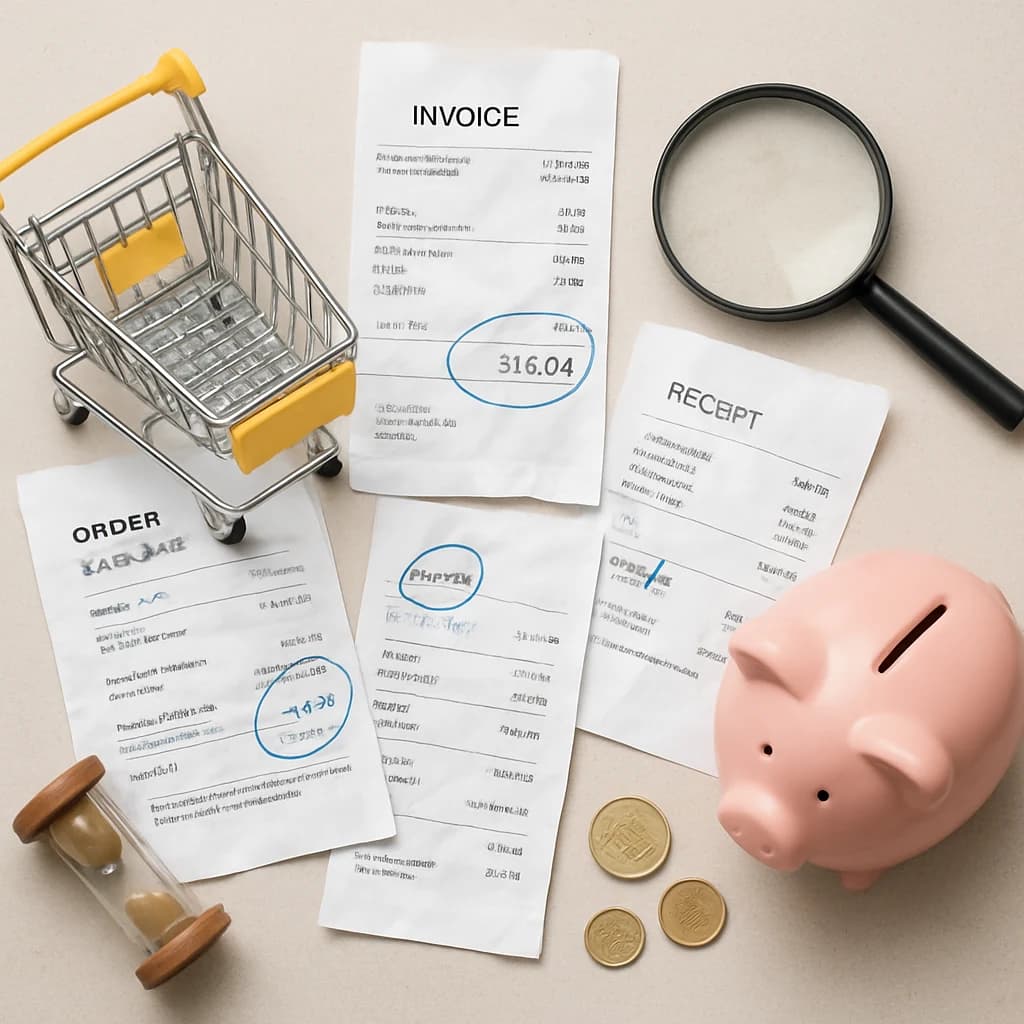 Apuntes y recibos de compras online sobre la mesa