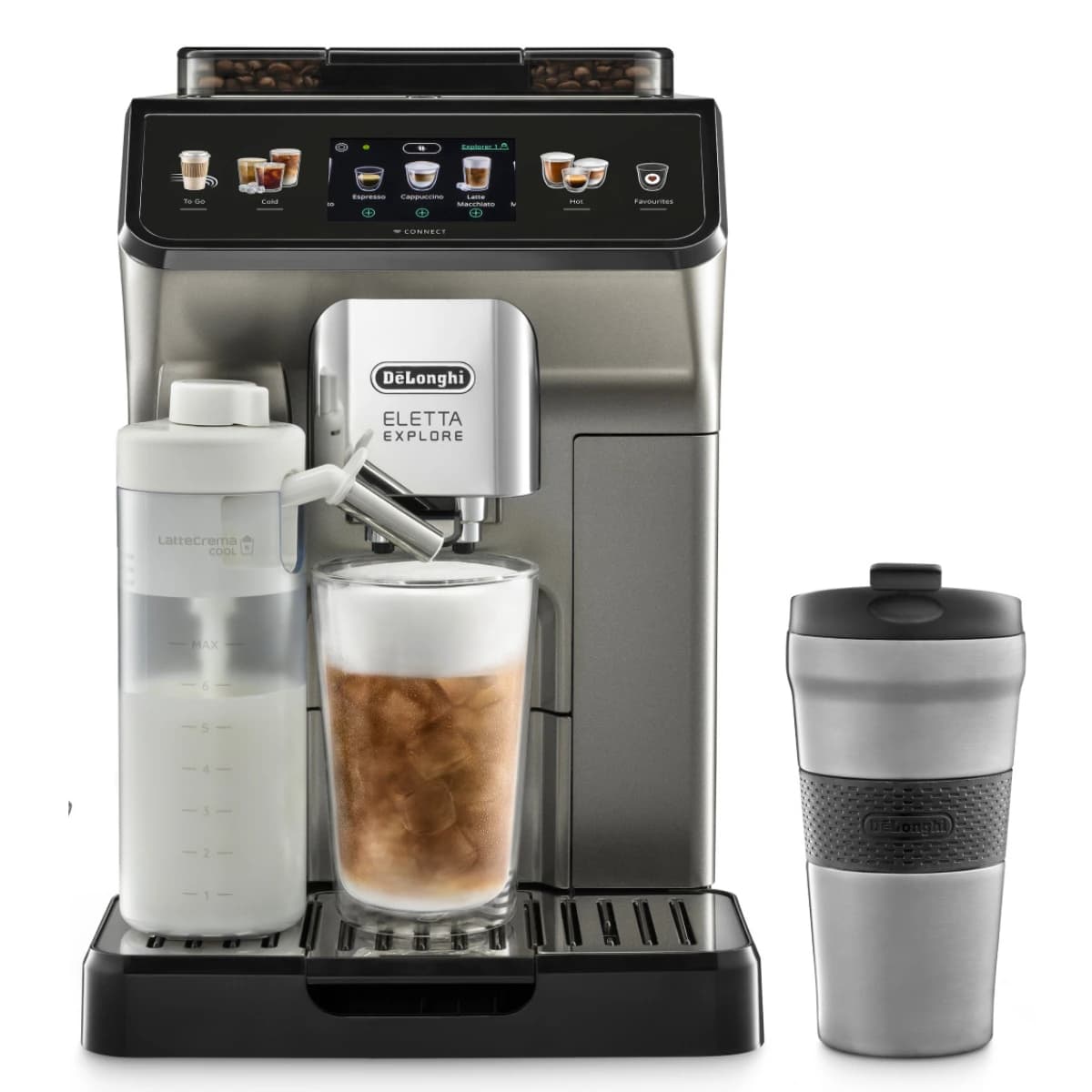 Imagen de DeLonghi Eletta Explore ECAM450.86.T con bebidas frías y calientes en OfertitasTOP