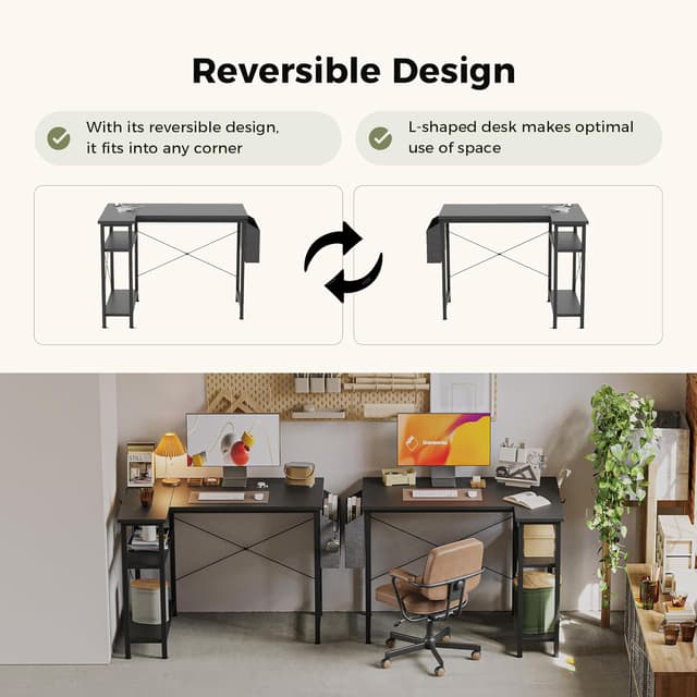 Detalle 2 de Mericonia Small L-Shaped Desk with Power Outlets (140x70 cm) and Reversible Shelves, Black