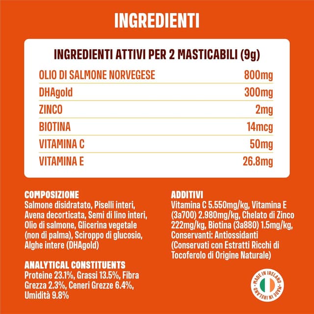 Detalle de ivvi Skin & Coat – Integratore per cani con olio di salmone, vitamine e zinco (60 chicche di salmone)